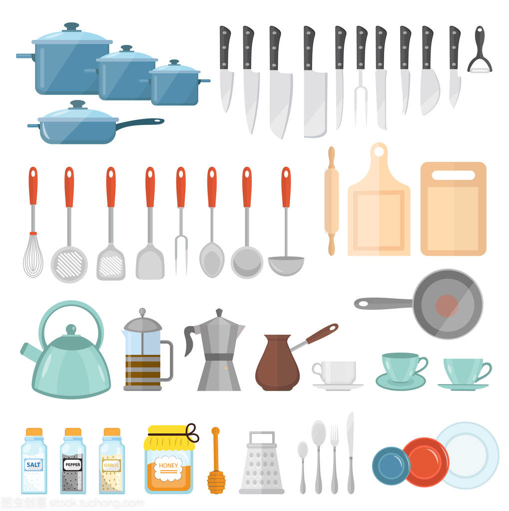 炊具组的图标,平面样式。厨房用具一整套高孤立在白色背景。烹饪工具和厨具设备。厨房小工具、 用具、 餐具。矢量图