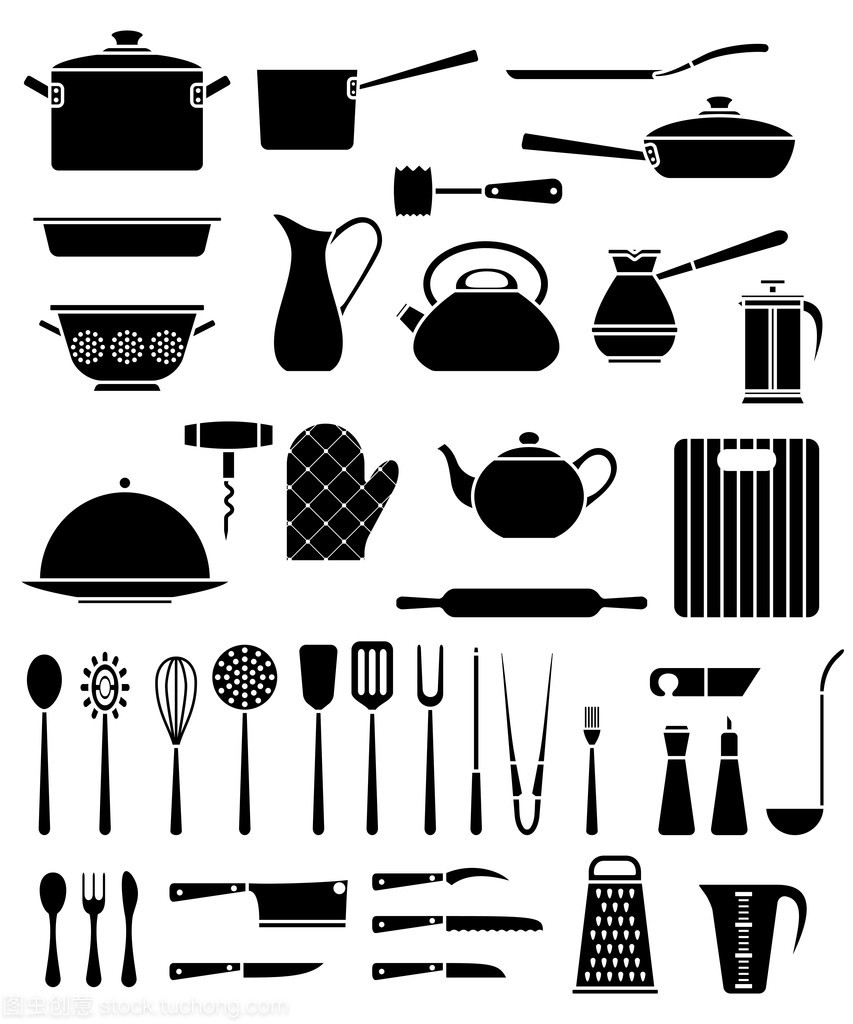 一套厨房用具和炊具图标集合